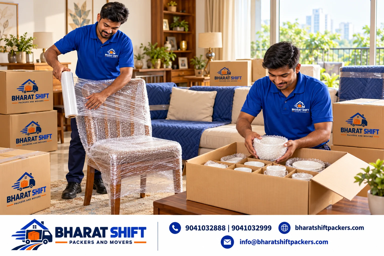 Illustrative Bharat Shift packing team protecting household furniture and labelling cartons